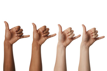  group of hands making  shaka sign with varying skin tones. Isolated on transparent background, png