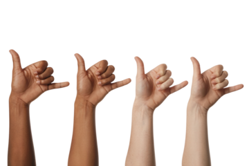  group of hands making  shaka sign with varying skin tones. Isolated on transparent background, png