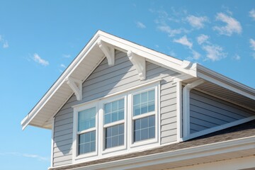 Vinyl Siding On Home. Double Gable with White Decorative Trim and Gray Horizontal Lap Siding