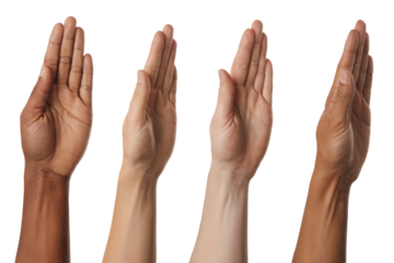 Hands of different people reaching upwards in a display of unity. Isolated on transparent background, png