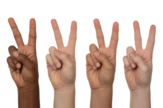 Four hands of different colors showing the peace sign to represent unity . Isolated on transparent background, png