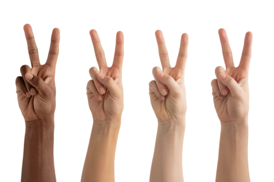 Four hands, each displaying the peace sign, representing diversity and unity. Isolated on transparent background, png