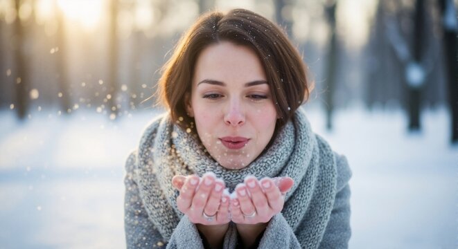 Young woman blowing snowflakes from her hands in a winter park. Portrait of a person enjoying the cold weather. Winter season joy concept