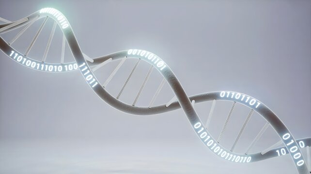 Glowing DNA strand with binary code on white background – Perfect for genetics, biotechnology, or digital science themes.