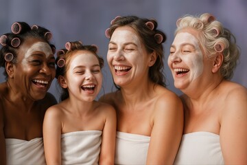Fototapeta premium Group Of Women Enjoying Relaxation With Face Masks And Hair Rollers During A Spa Day Celebration, Smiling And Bonding Together