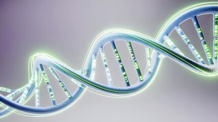 DNA double helix with glowing blue light and green binary code – Ideal for bioinformatics, science education, or futuristic medical content.