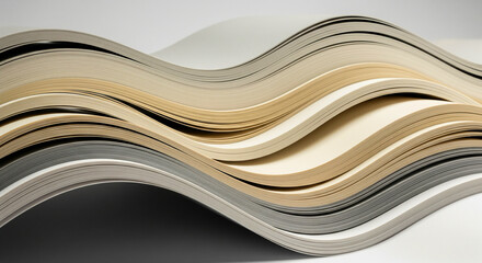 Stacked sheets of paper in cream, beige, and soft gray tones forming gentle waves, minimalist design, symbolizing balance, order, and simplicity.