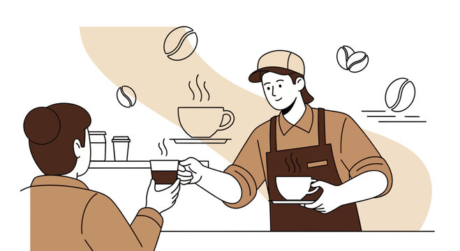 Barista Serving Coffee to Customer Illustration in Modern Line Art Style with Coffee Beans