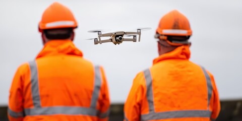 Two workers in orange safety gear observe a drone in flight, showcasing the integration of technology in industrial environments.