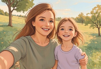 Obraz premium Mother and daughter smiling together in a sunlit countryside field