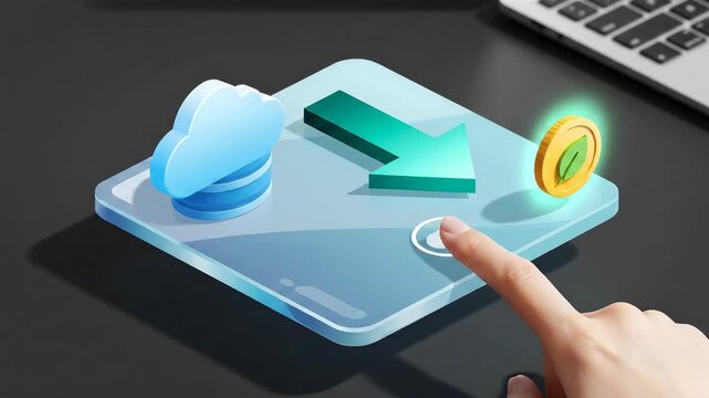 FinOps: Savings Dashboard drifts forward as cloud disk stacks calm and a down-trend arrow eases into a coin-leaf badge, while a modest toggle puck signals budget discipline without numbers, noise, or 