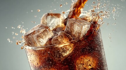 Cola overflowing slightly as it s poured over ice cubes, bubbles and splashes caught mid-air, minimal studio background, no text, no logo
