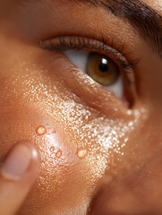 Fototapeta premium Eczema close up skin: Eczema relief shown with skincare, skin is glowing and healthy. Macro photo exhibits skin texture and relief that it offers