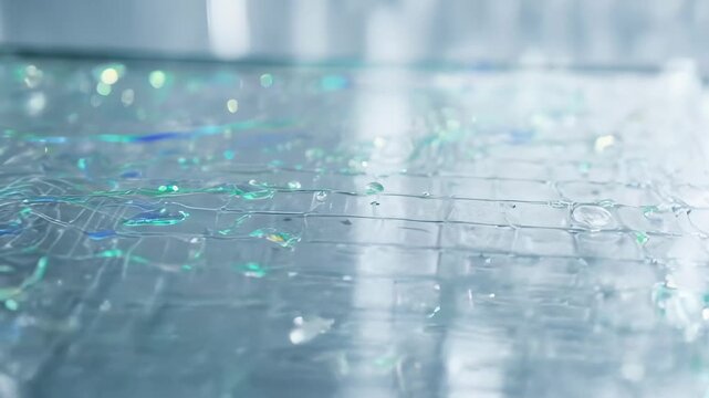 Gloved scientist's hand adjusting a glass microfluidic chip on a lab bench with colorful liquids flowing through microchannels for advanced biotechnological analysis and scientific research