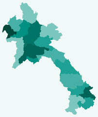 Obraz premium Map of Laos with regions. Just a simple country border map with region division. Teal color palette. Plain Lao People's Democratic Republic shape with administrative division. Vector illustration.