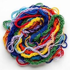 Colorful tangle of threads and strings, a vibrant textile chaos.
