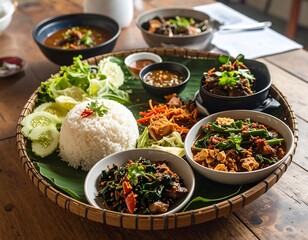 Diverse Asian meal served on a large woven tray