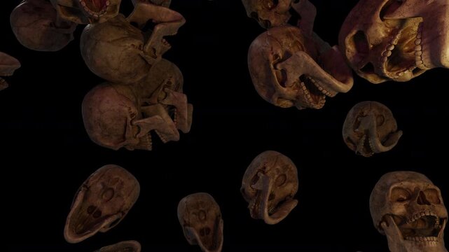 Skull Falling Down Alpha, A ghostly spinning skull twirls in a 3D rendered murky gloom, casting eerie shadows, great for a spooky film moment or a cinematic promotion.