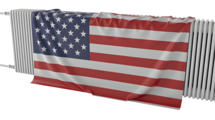 American flag draped on radiator, symbol of energy crisis and winter heating costs, patriotic theme, national pride, home heating, energy independence