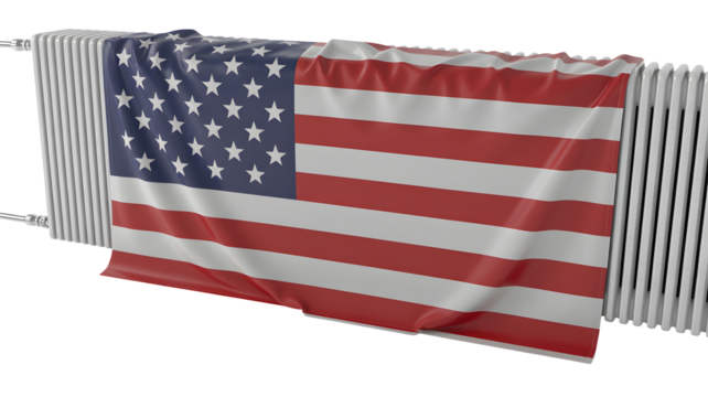 American flag draped on radiator, symbol of energy crisis and winter heating costs, patriotic theme, national pride, home heating, energy independence