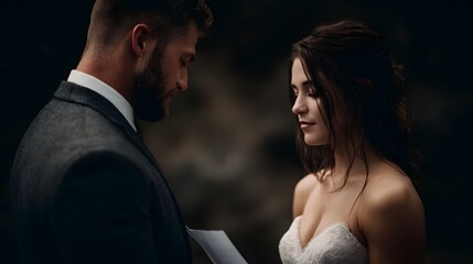 A bride and groom in formal attire share a solemn intimate moment focusing intently on each other during a private ceremony