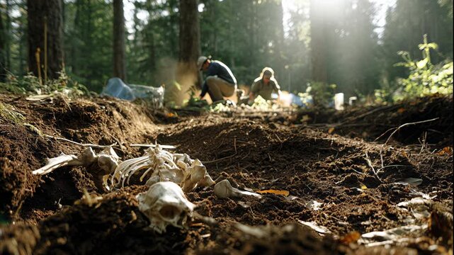 Low angle shot showing a complete animal skeleton in the foreground, with a team of paleontologists or archaeologists working at an excavation site in the background of a sunlit forest