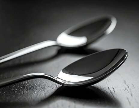 This is a close-up photograph of two shiny, metallic teaspoons placed on a dark, textured wooden surface. The teaspoons are positioned diagonally, with the handle of the top teaspoon partially overlap