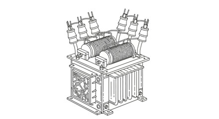 Detailed line drawing of an electrical transformer with various components.