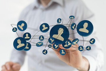 A man interacts with a network visualization. Depicts connections, networking, and modern technology in a business environment.