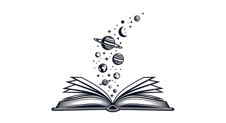 An open book with celestial bodies emerging from its pages, a cosmic illustration.