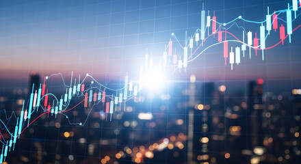 Elevate your brand with this captivating stock image showcasing dynamic financial data overlays against a modern cityscape, symbolizing growth and innovation.
