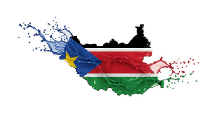 South sudanese flag in the shape of the countrys borders isolated on transparent background the colors of the flag are black, red, green, blue and yellow the flag is splashing and creating a dynamic e