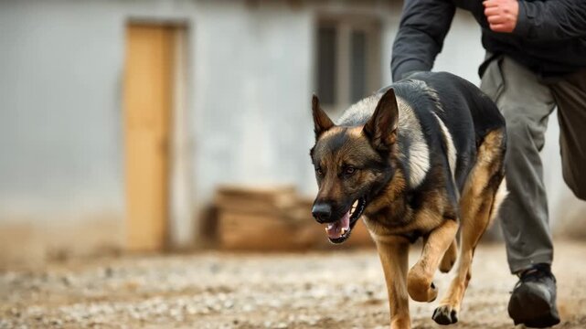Medium shot of a trained K9 performing controlled attack maneuvers during a guard dog training session in an outdoor facility.