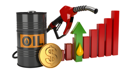Crude oil barrel with pump nozzle and rising graph symbolizes increasing prices, investment opportunities, and energy demand in a global market