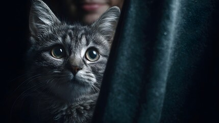 Close up portrait of a curious gray tabby kitten peeking from behind a dark textile with wide expressive eyes