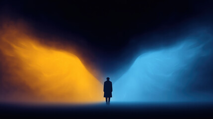 Fototapeta premium Silhouette of person standing between contrasting orange and blue light wing clouds, symbolizing choice and inner conflict in dark space