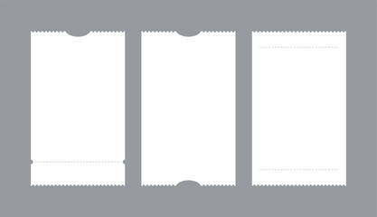 Three blank white ticket templates with perforated edges and dotted lines for stub separation. Ideal vector mockup for event, raffle, coupon, admission, or concert pass design and typography.