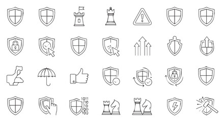 Collection of various security and protection icons, including shields, locks, chess pieces, and warning signs, isolated on transparent background