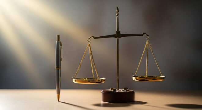 Balanced scales and a single pen standing upright, a symbol of truth overcoming impunity