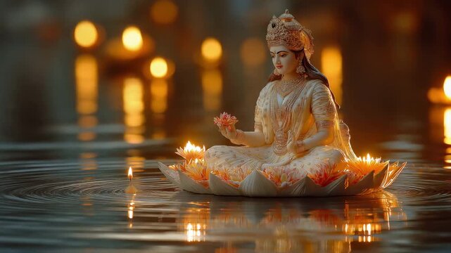 the Hindu goddess Laxmi, who represents wealth and prosperity, sitting on a lotus with a celestial appearance.