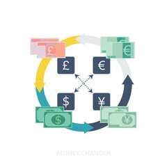 Global Currency Exchange Ring with Arrows Illustrating Financial Transactions and Various Banknotes Representing International Commerce and Digital Finance