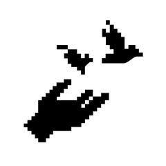 Pixelated hand releasing a bird