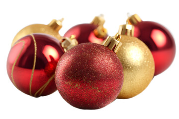 A festive arrangement of red and gold christmas baubles, including glittery and shiny spheres, isolated on white isolated on transparent background