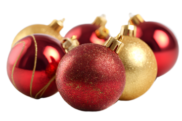 A festive arrangement of red and gold christmas baubles, including glittery and shiny spheres, isolated on white isolated on transparent background