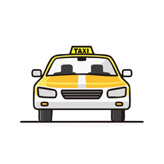 Yellow and white taxi cab design illustration, front view, cartoon style, transportation concept