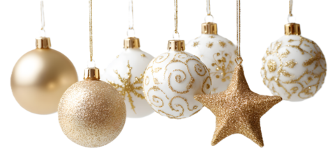Assortment of festive gold and white christmas baubles and star ornament hanging isolated on transparent background