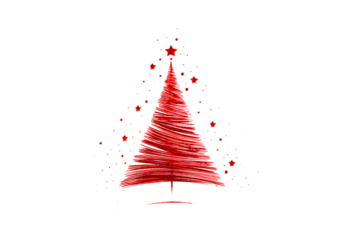 Stylized red christmas tree with star and scattered stars, isolated on transparent background