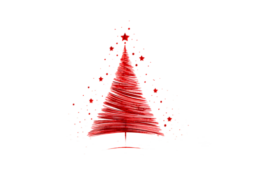 Stylized red christmas tree with star and scattered stars, isolated on transparent background