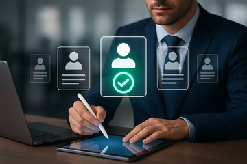 Businessman using digital tablet to select and confirm the best candidate during virtual recruitment and human resource management process with glowing icons