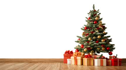 Festive christmas tree adorned with ornaments and presents on a wooden surface isolated on transparent background